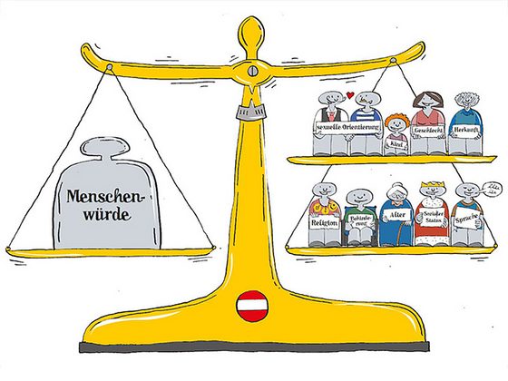 Illustration einer Waage mit Menschenwürde und Vielfaltsmerkmalen