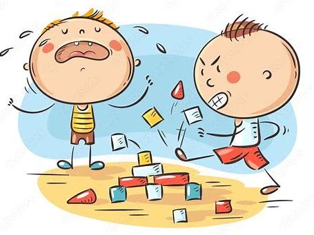Illustration: zwei Kinder im Konflikt um Bauklötze